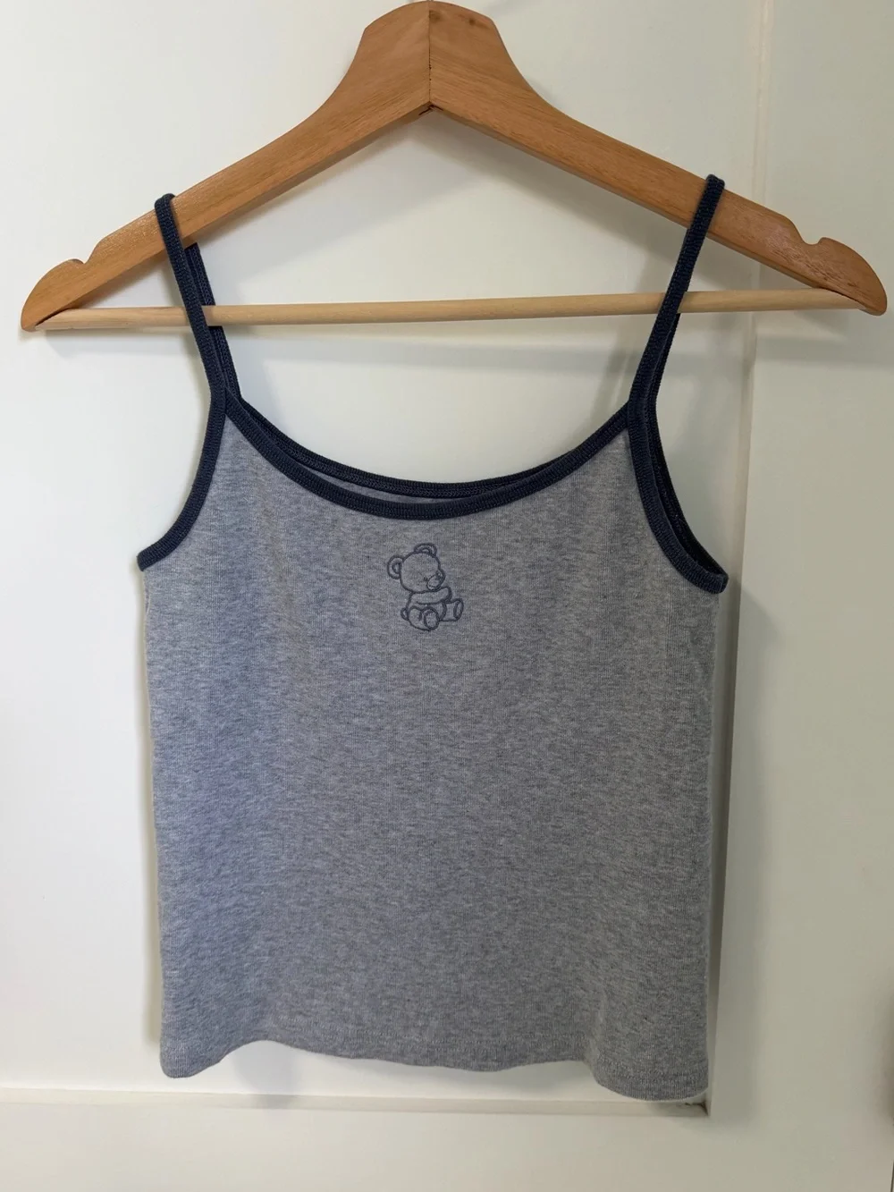 Brandy Melville Grey Ribbed Tank Top with Navy Trim and Teddy Embroidery - Picture 3 of 4